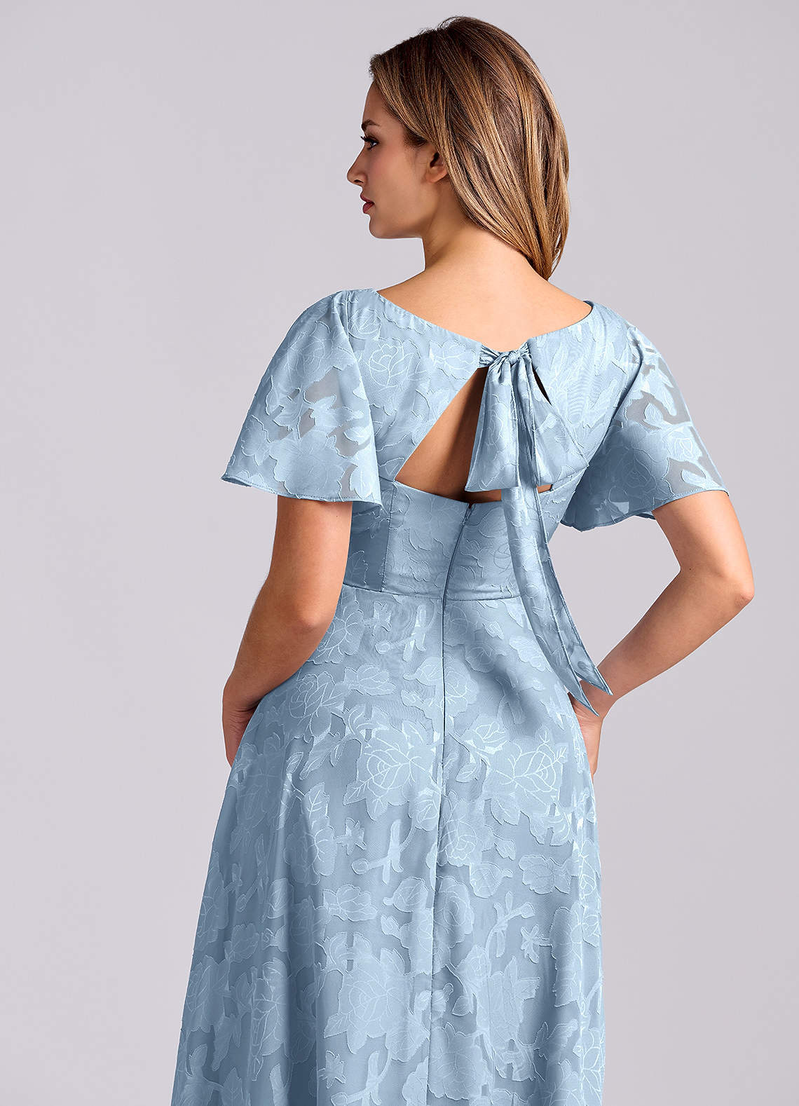 Kimber A-Line V-Neck Floral Burnout Bridesmaid Dress in Sky Blue