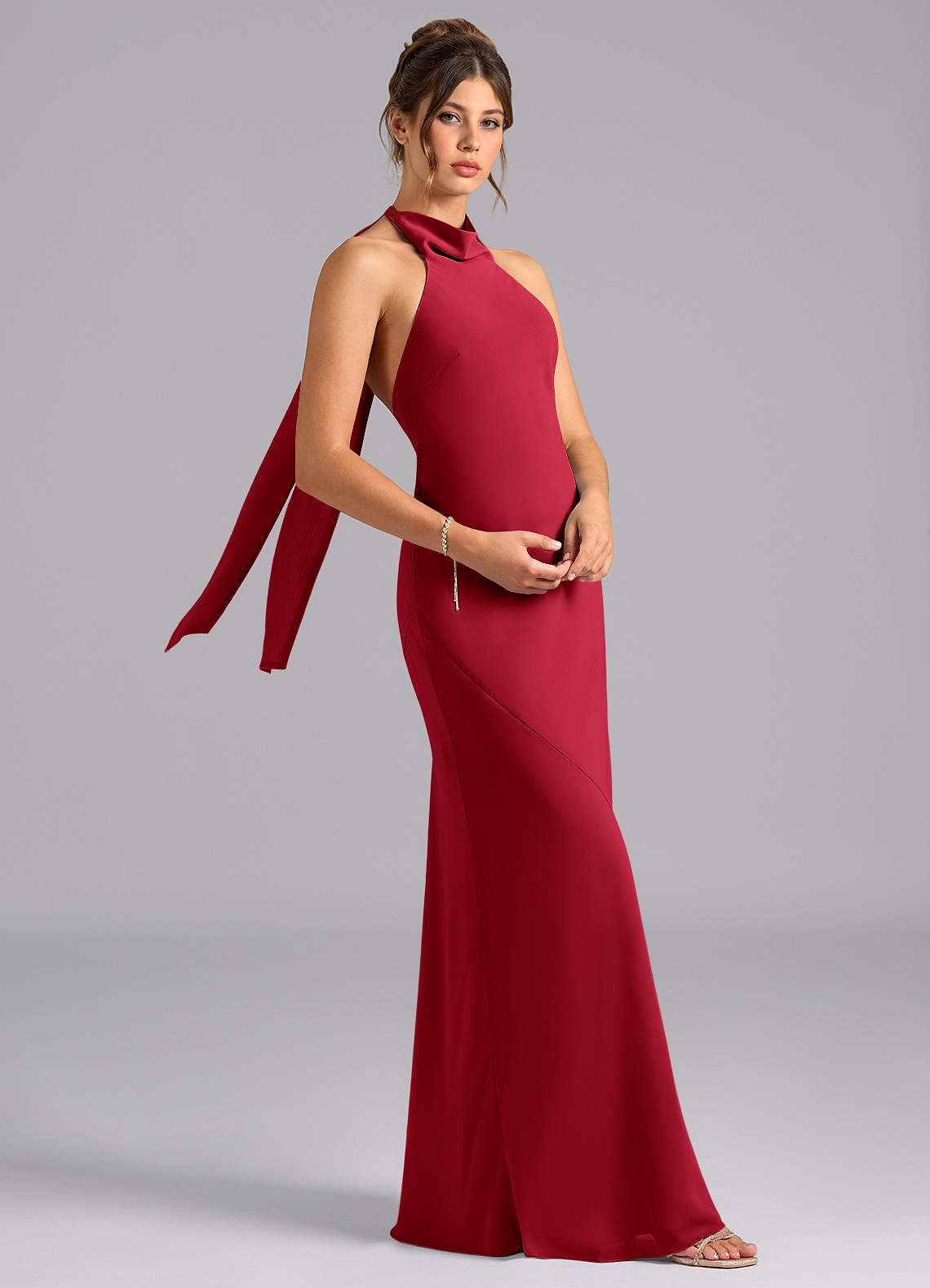 Velli Mermaid Halter Chiffon Bridesmaid Dress in Scarlet