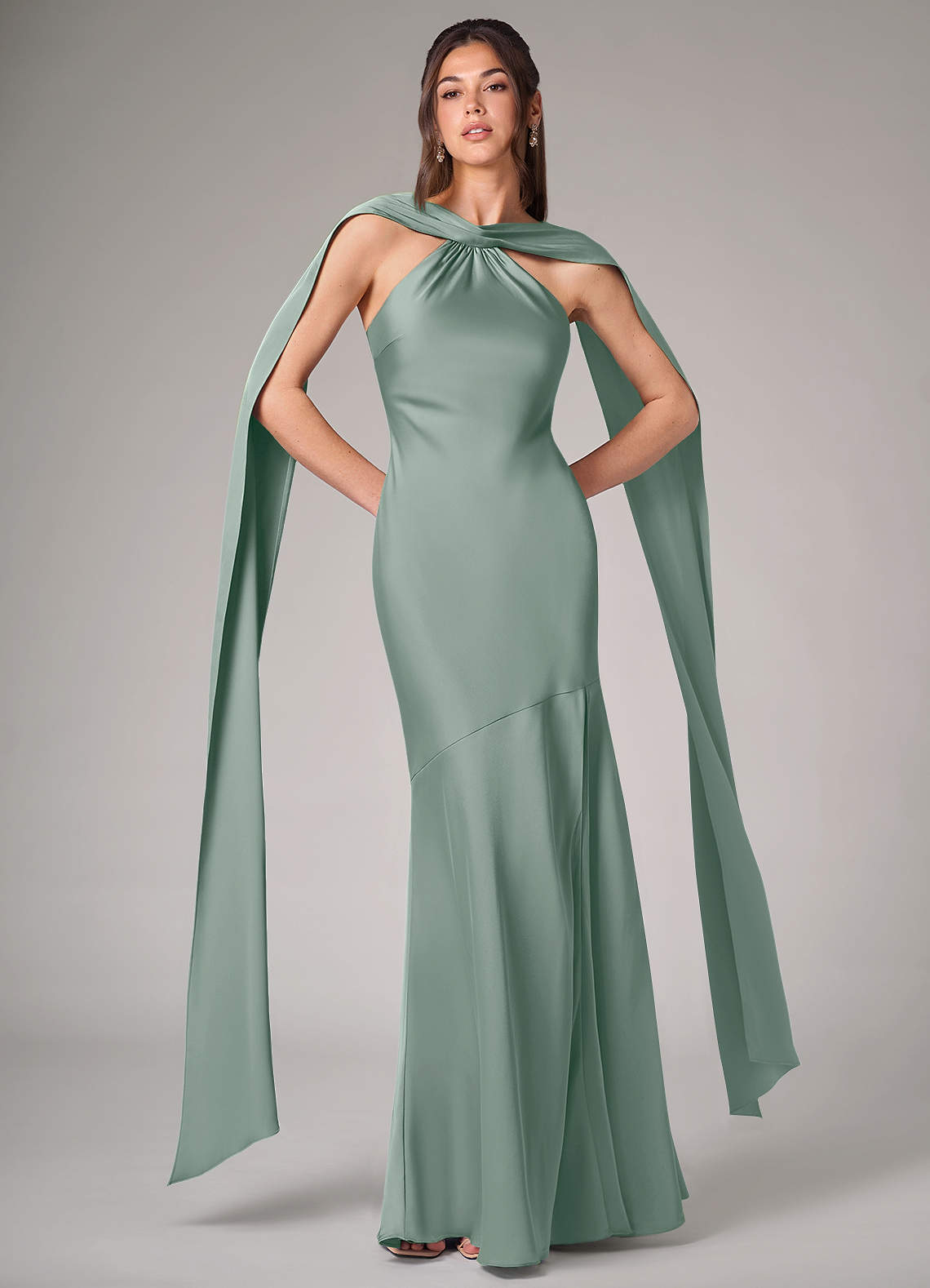 Kinsley Mermaid Halter Stretch Satin Bridesmaid Dress in Silver Sage