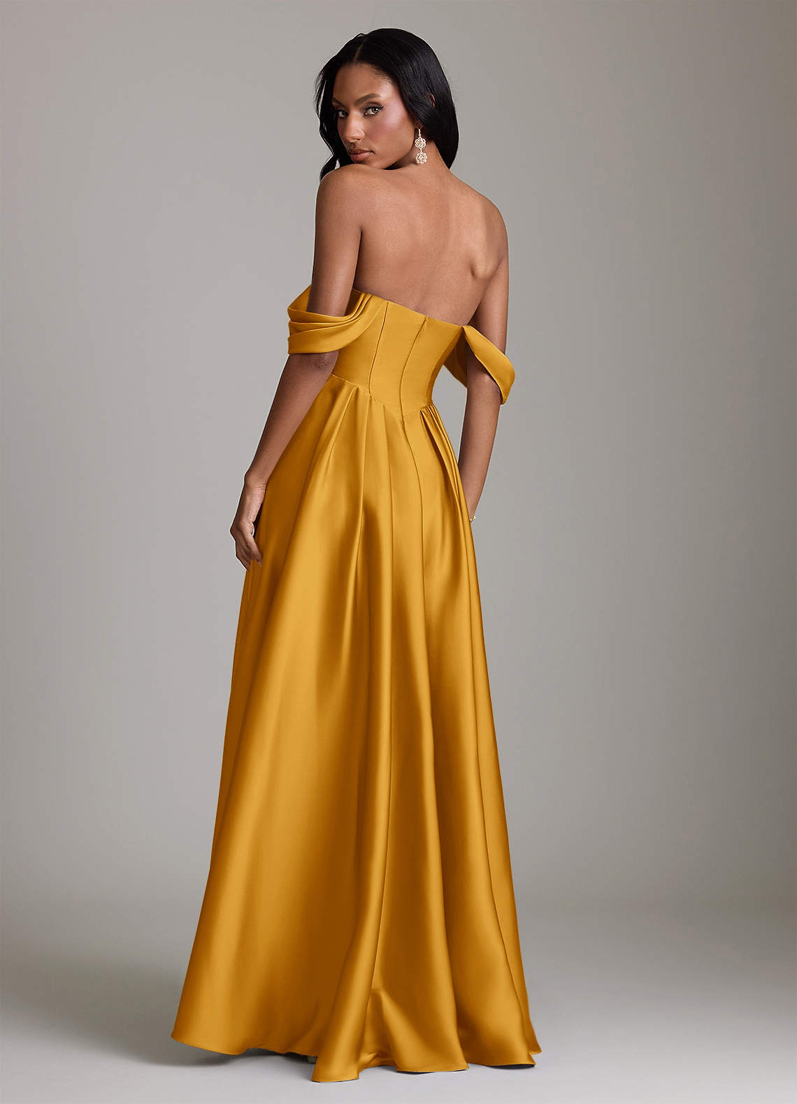 Loisa A-Line Off-the-Shoulder Stretch Satin Bridesmaid Dress in butterscotch