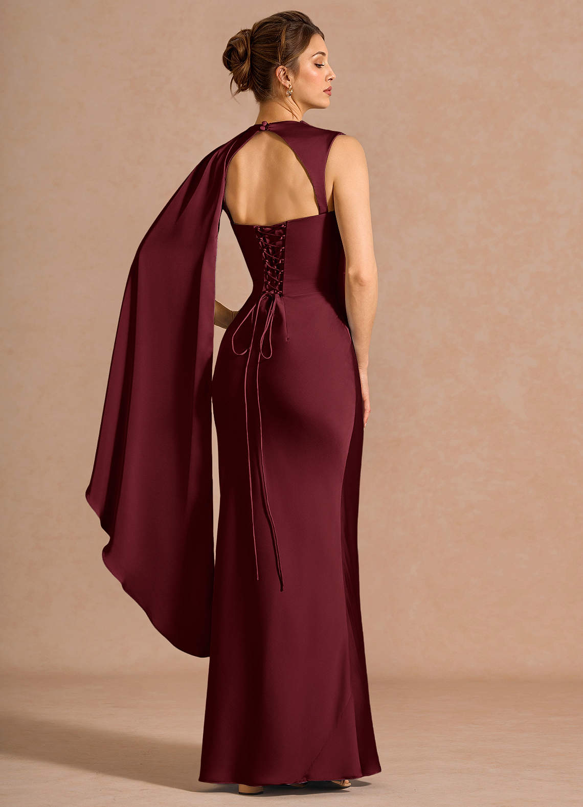 Chesney Cape-Sleeve Pleated Stretch Satin Wedding Guest Dress in Wine
