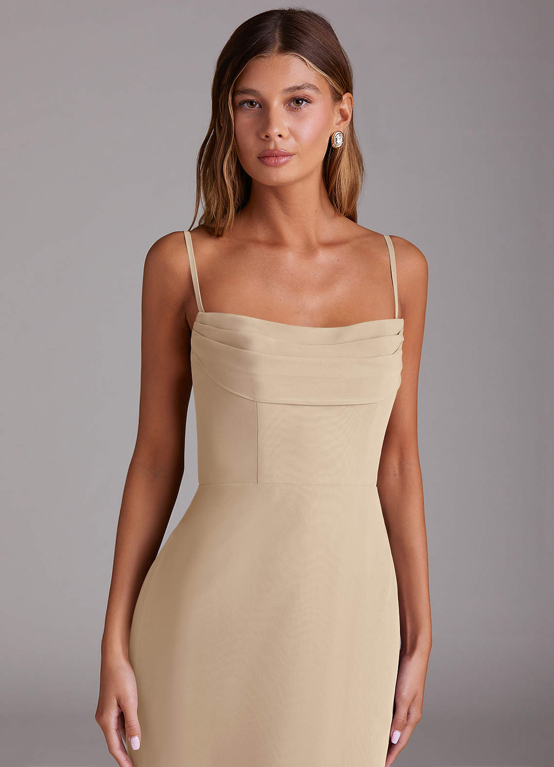 Saige A-Line Off-the-Shoulder Chiffon Bridesmaid Dress in Champagne