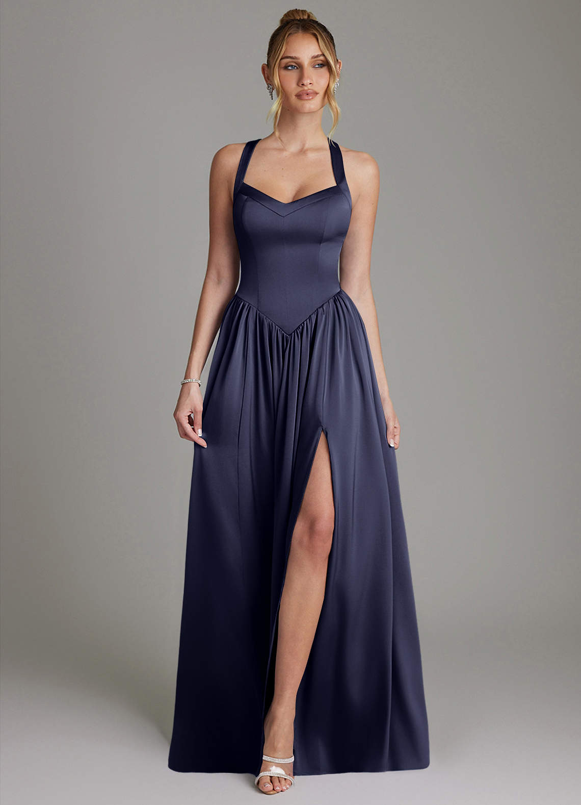 Francis A-Line V-Neck Stretch Satin Bridesmaid Dress in Stormy