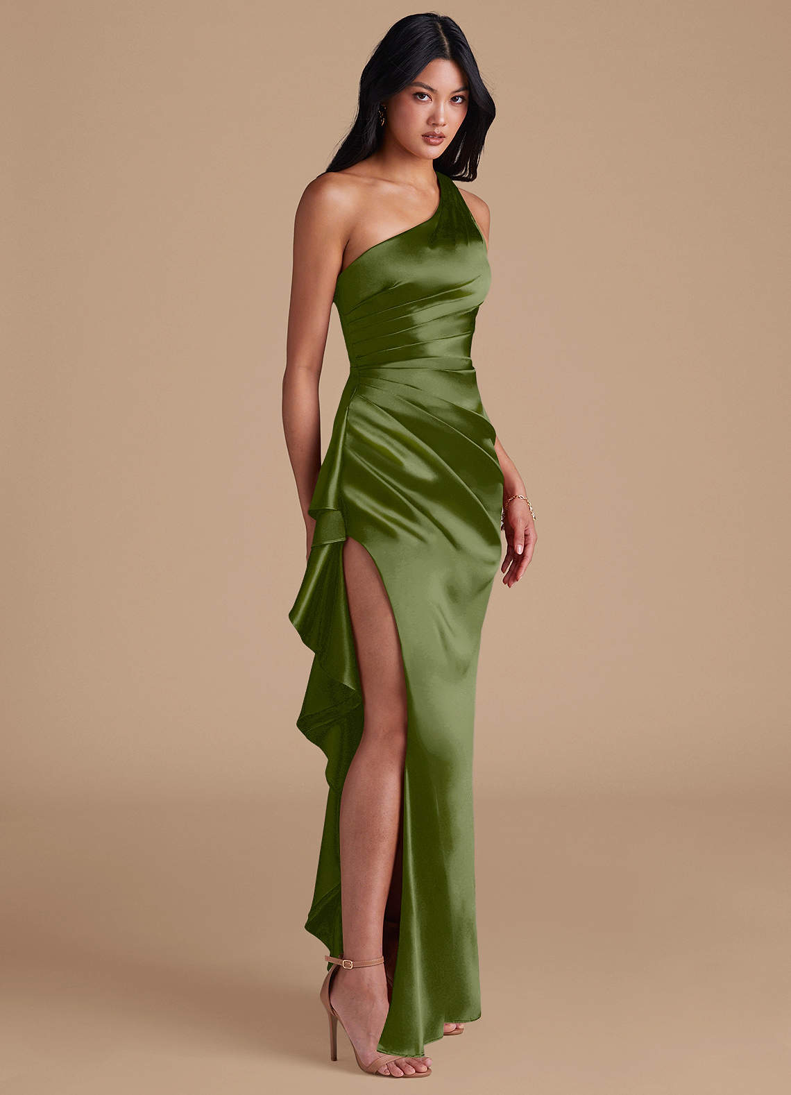 Latrice Sheath One-Shoulder Metallic Satin Bridesmaid Dress in Olive