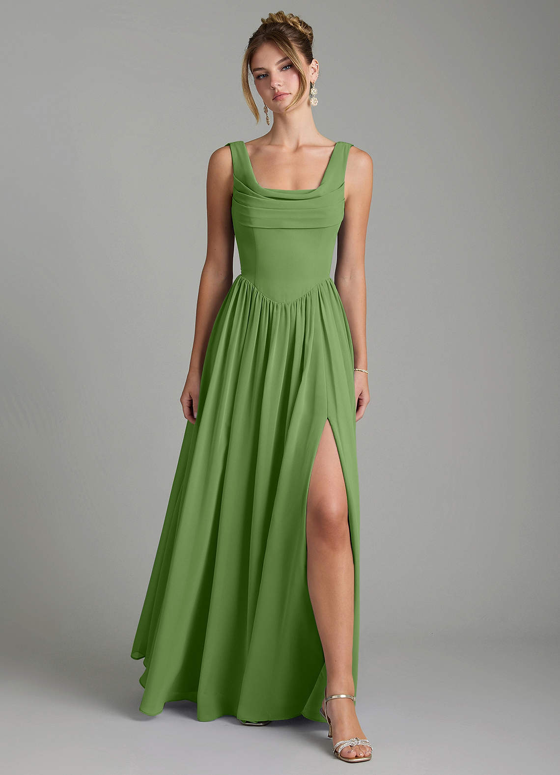 Novi A-Line Square-Neck Chiffon Bridesmaid Dress in Basil