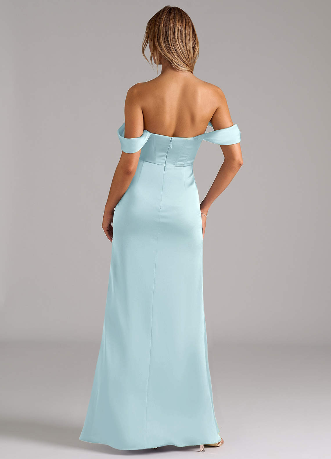 Johana Mermaid Off-the-Shoulder Stretch Satin Bridesmaid Dress in Cloud Blue