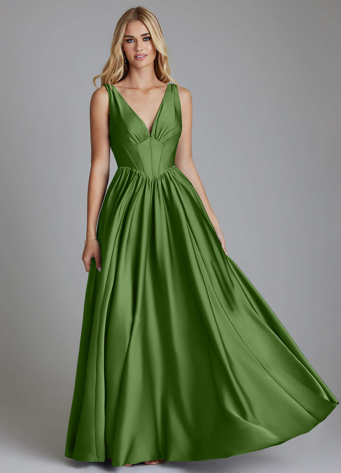 Delmie A-Line V-Neck Stretch Satin Bridesmaid Dress in Basil