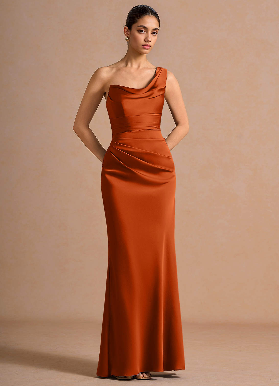 Cassiopeia One-Shoulder Draped Stretch Satin Evening Dress in Lemon Green