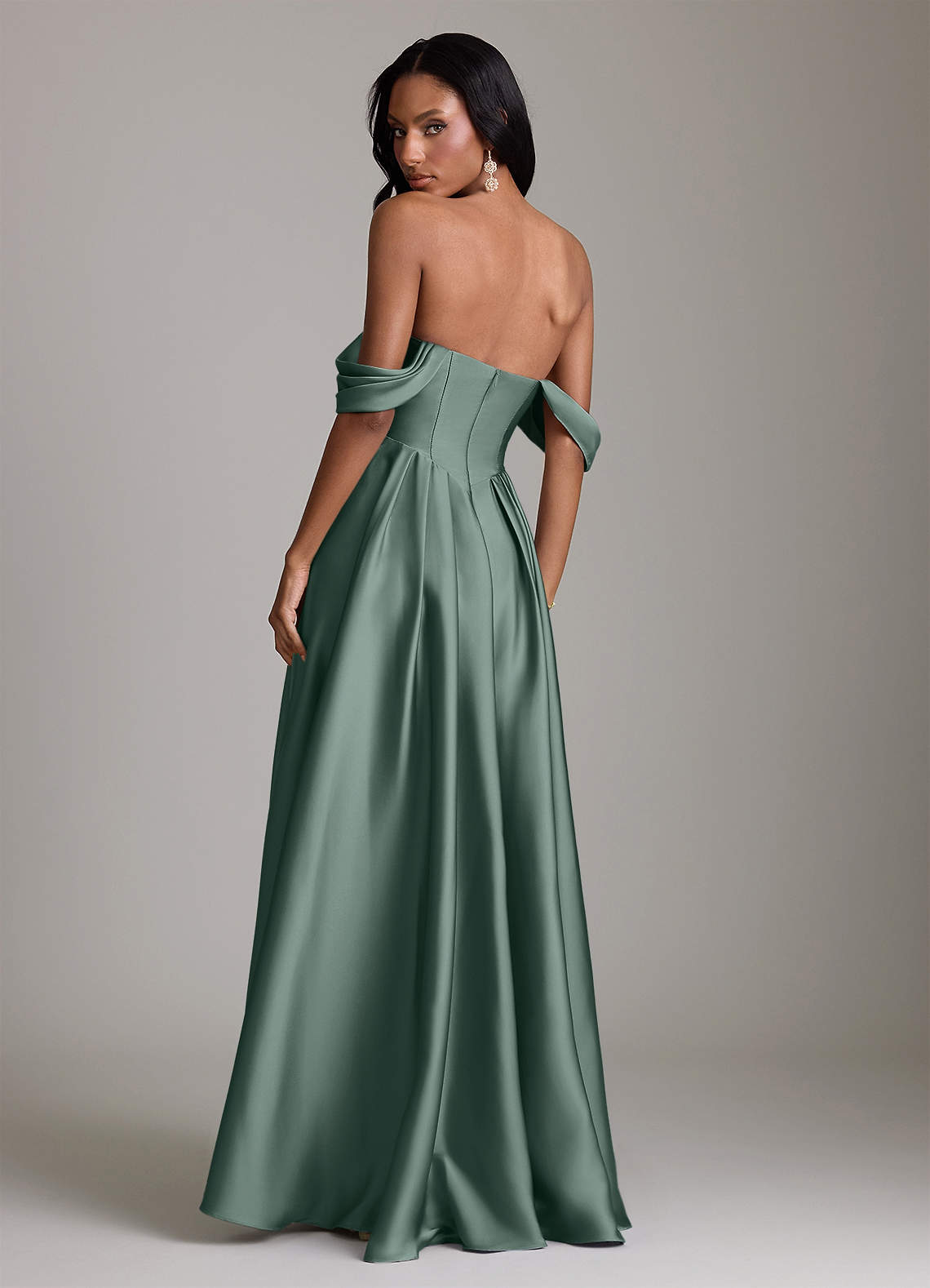 Loisa A-Line Off-the-Shoulder Stretch Satin Bridesmaid Dress in Sea Moss