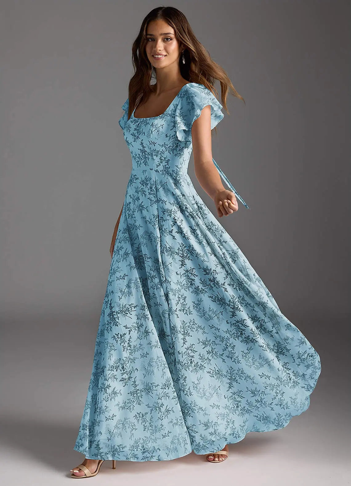 Bondi A-Line Square-Neck Chiffon Bridesmaid Dress in Blue Fern Floral