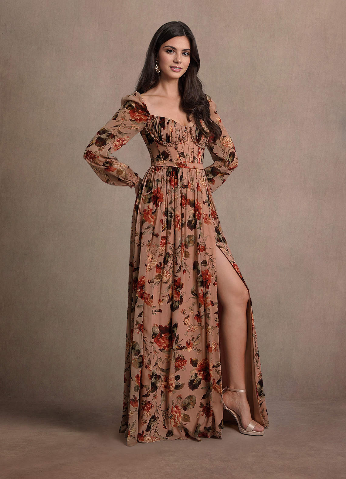 Karla A-Line Corset Floral Chiffon Wedding Guest Dress in Mauve Multi