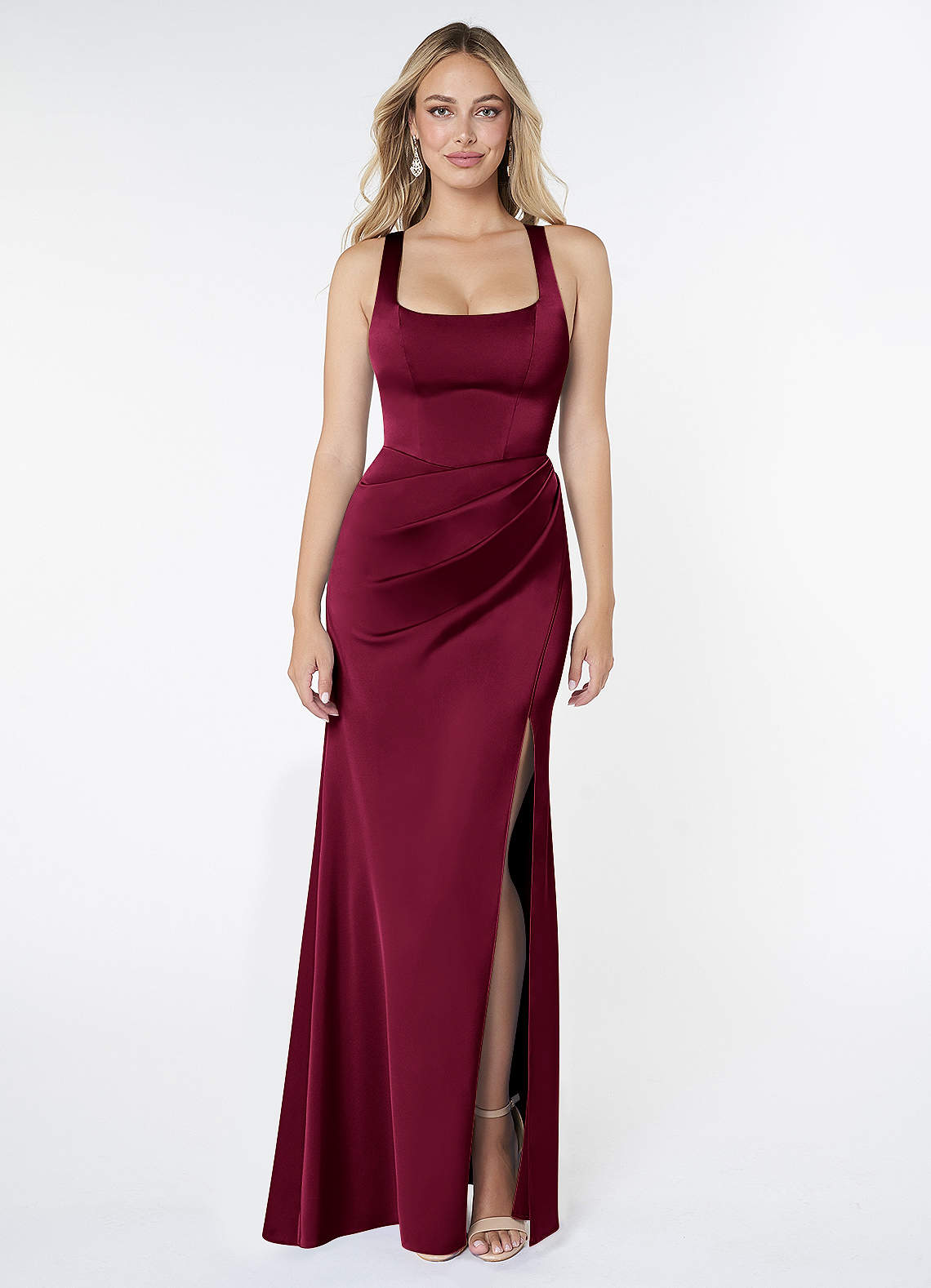 Mero Mermaid Square-Neck Stretch Satin Bridesmaid Dress in Burgundy