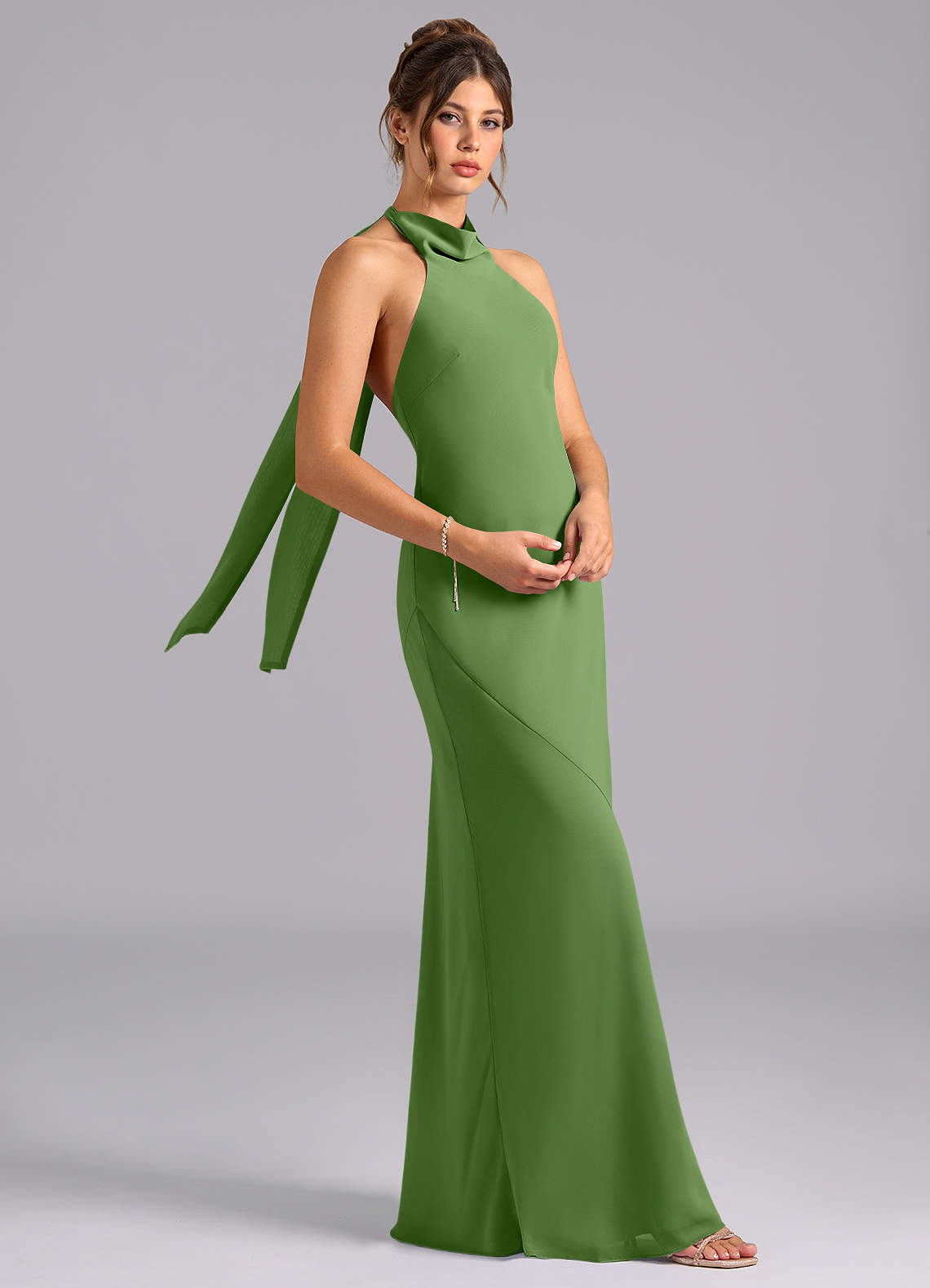 Velli Mermaid Halter Chiffon Bridesmaid Dress in Basil