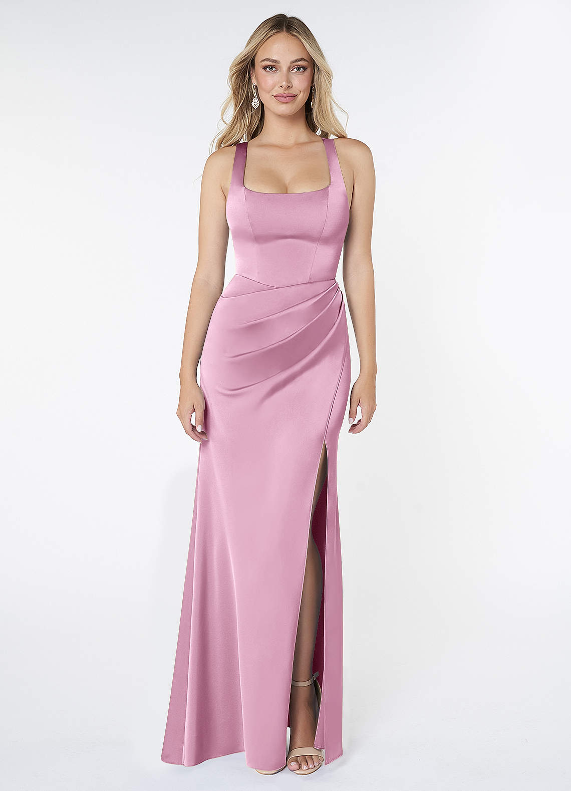 Mero Mermaid Square-Neck Stretch Satin Bridesmaid Dress in candy pink