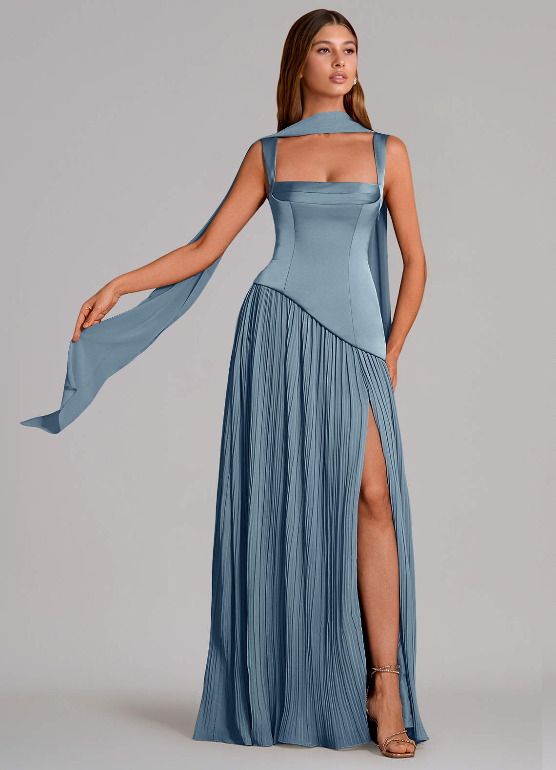 Stephanie A-Line Square-Neck Stretch Satin and Chiffon Bridesmaid Dress in dusty blue