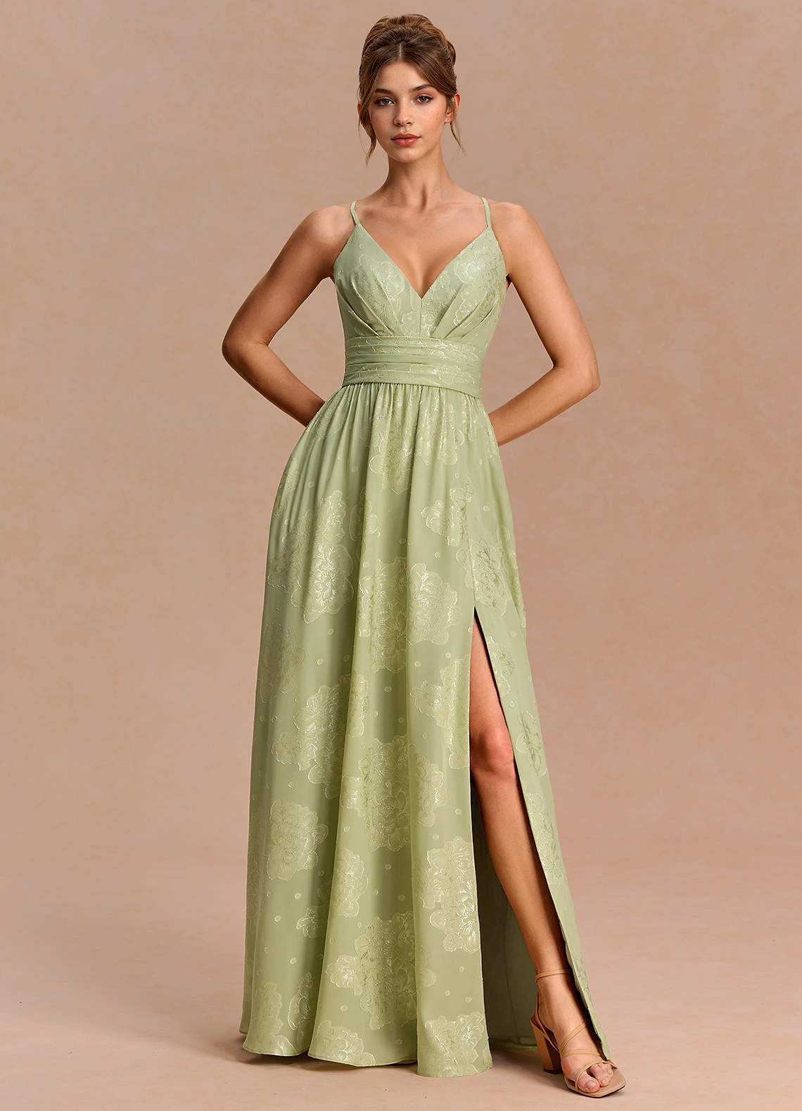 Anaëlle A-Line V-Neck Chiffon Burnout Evening Dress in Celadon
