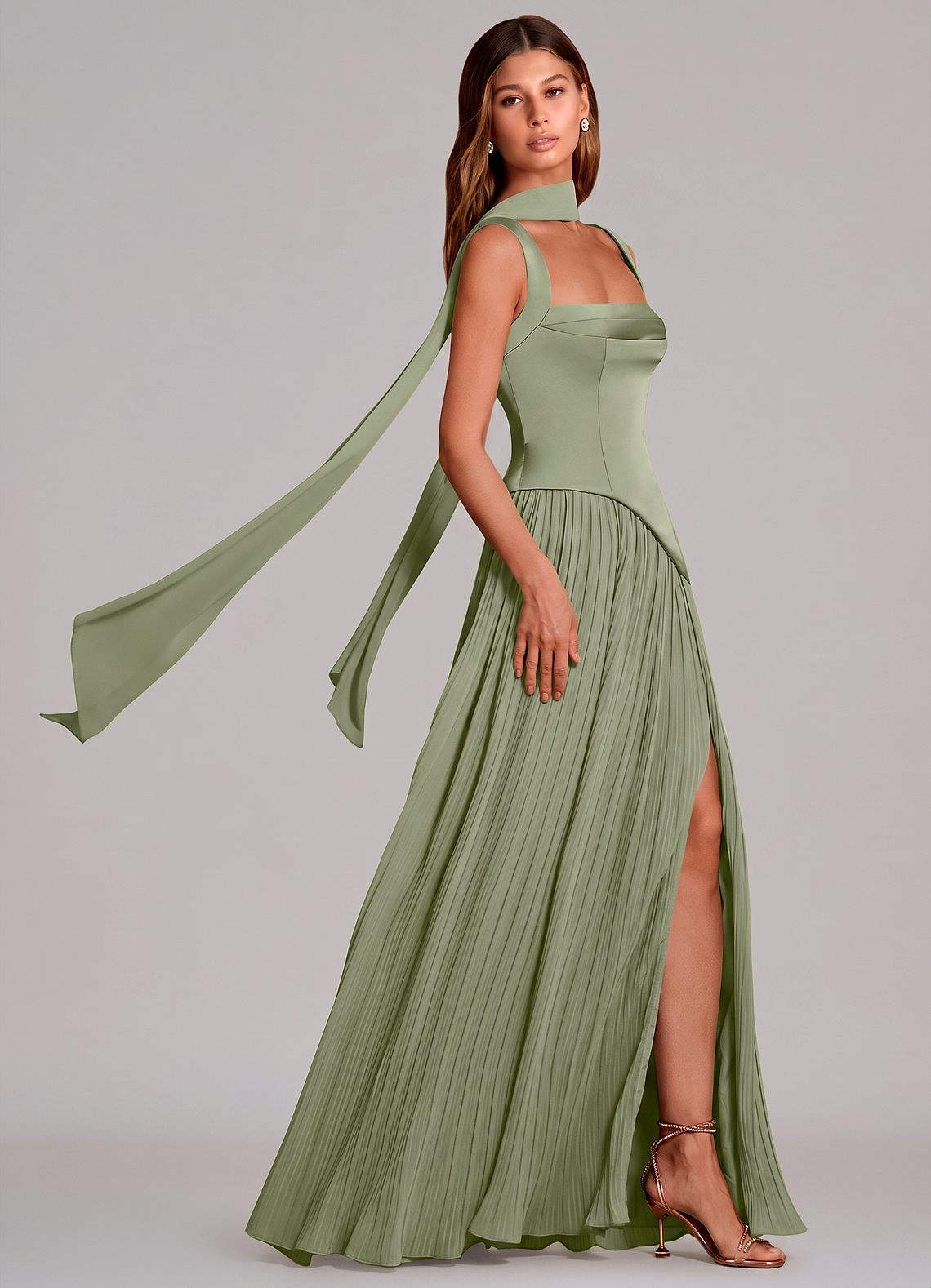 Stephanie A-Line Square-Neck Stretch Satin and Chiffon Bridesmaid Dress in Pistachio