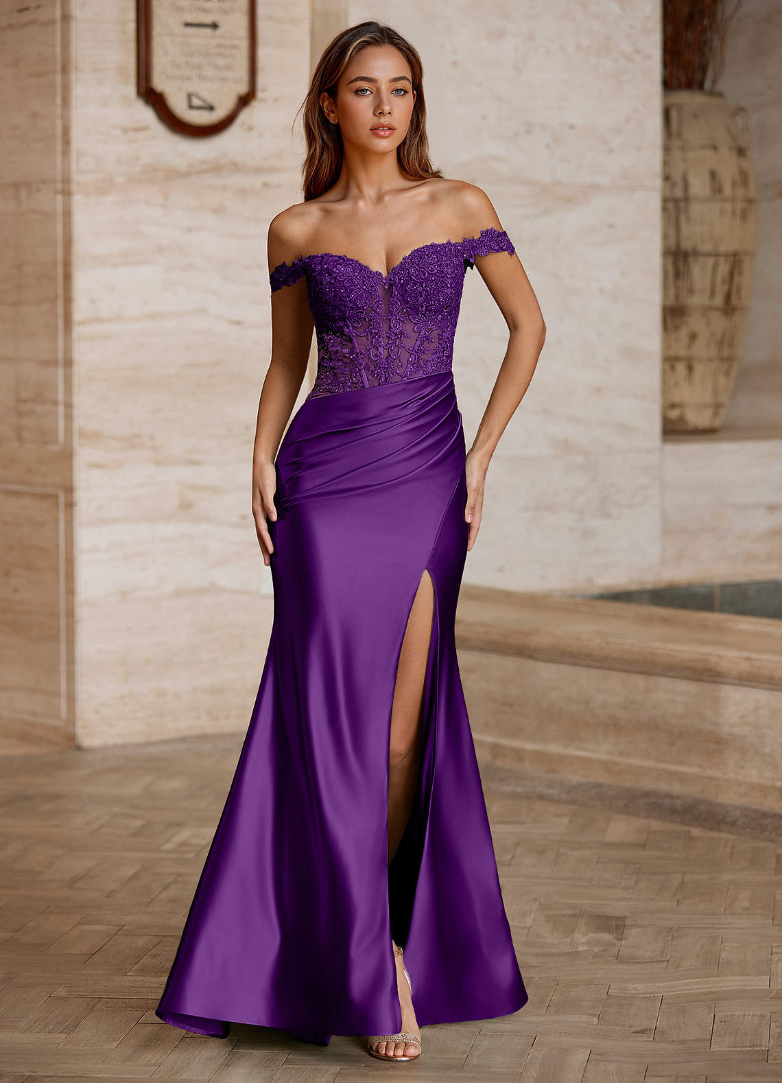 Wrentino Mermaid Off-the-Shoulder Stretch Satin Evening Dress in Grape
