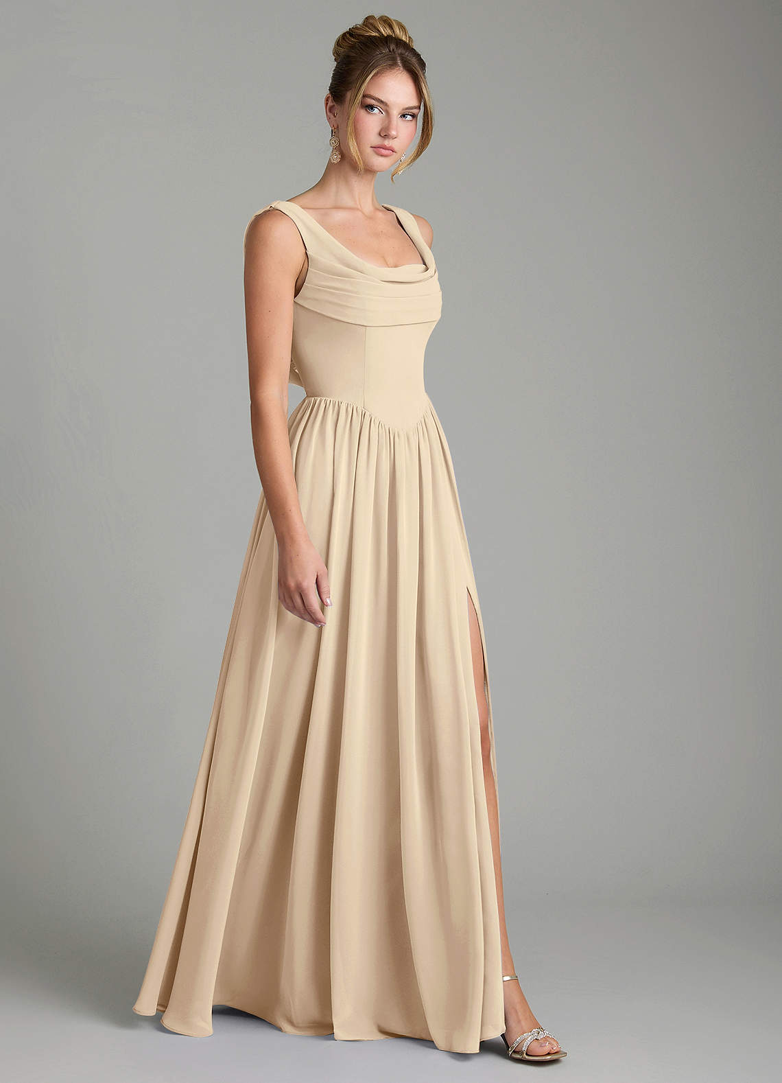Novi A-Line Square-Neck Chiffon Bridesmaid Dress in Champagne