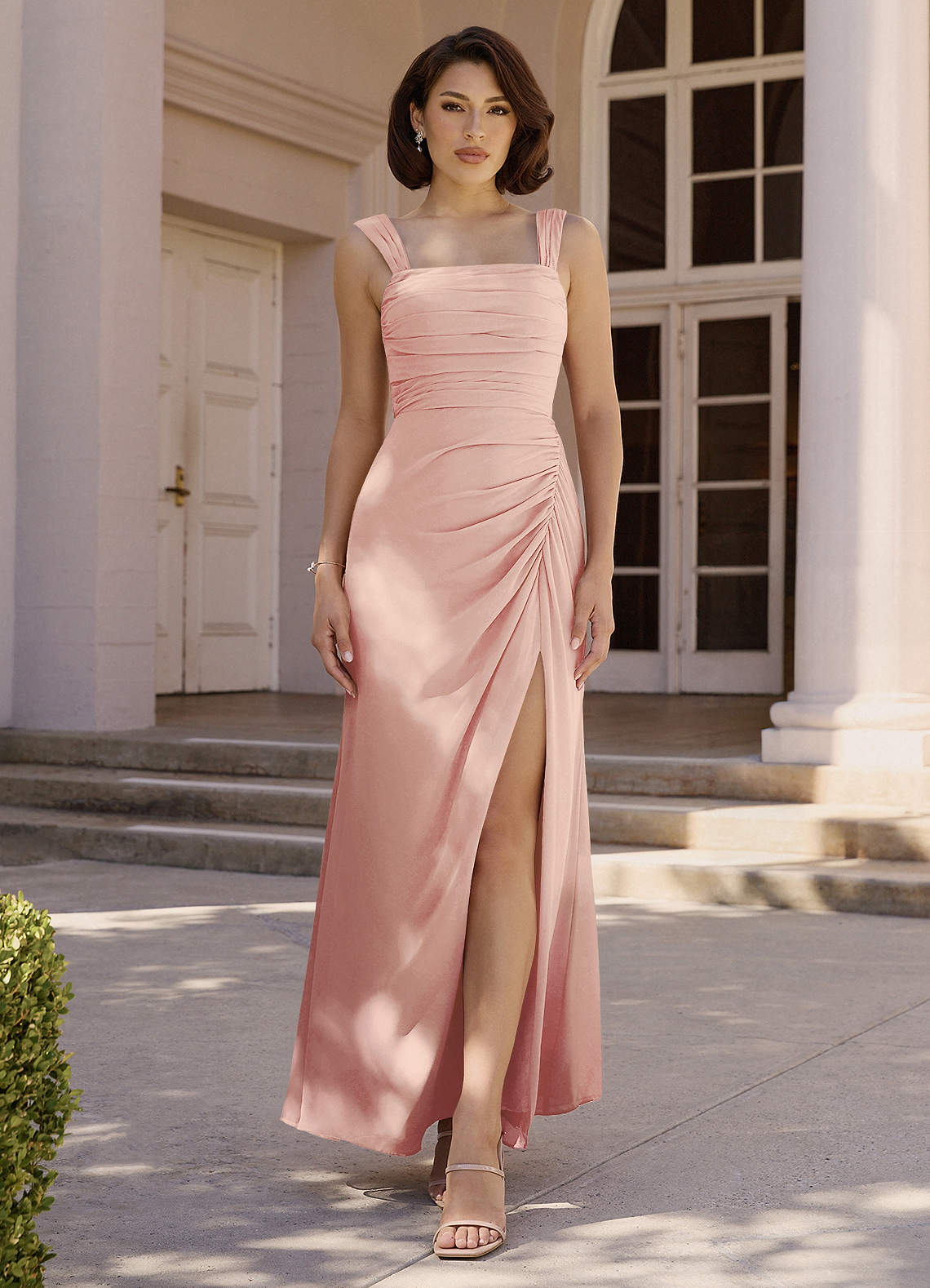 Jesaphine Sheath Square-Neck Chiffon Bridesmaid Dress in Rosette