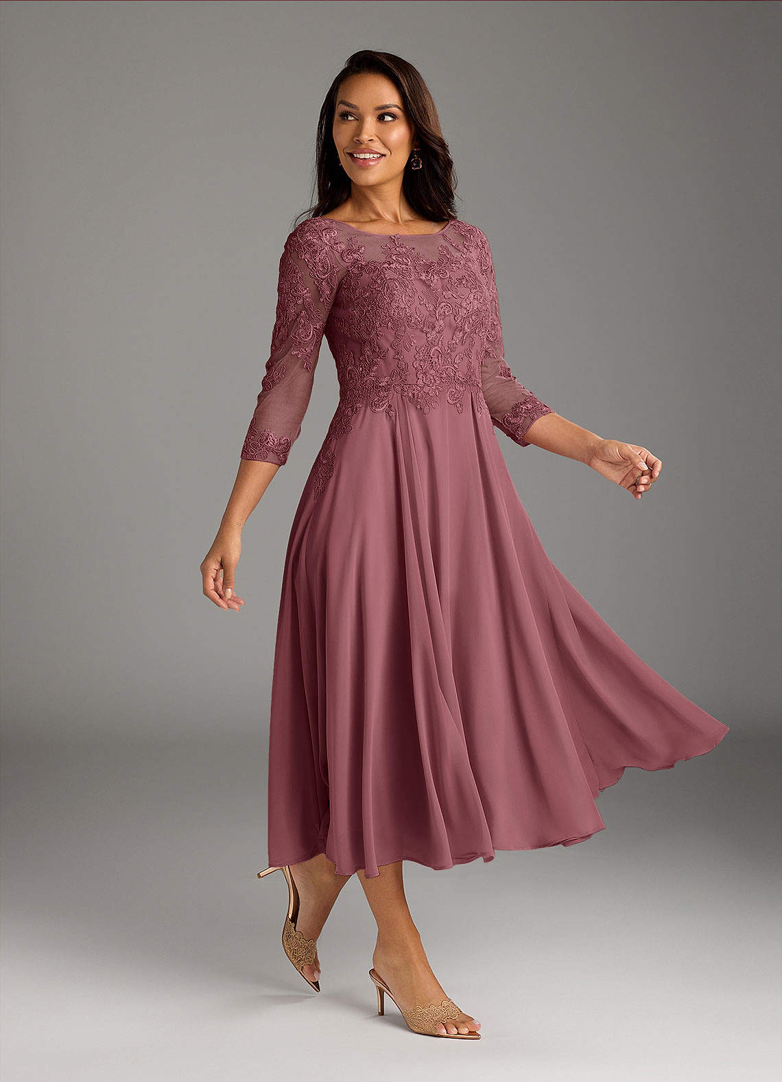 Marge A-Line Scoop-Neck Chiffon and Lace Mother of the Bride Dress in Desert Rose