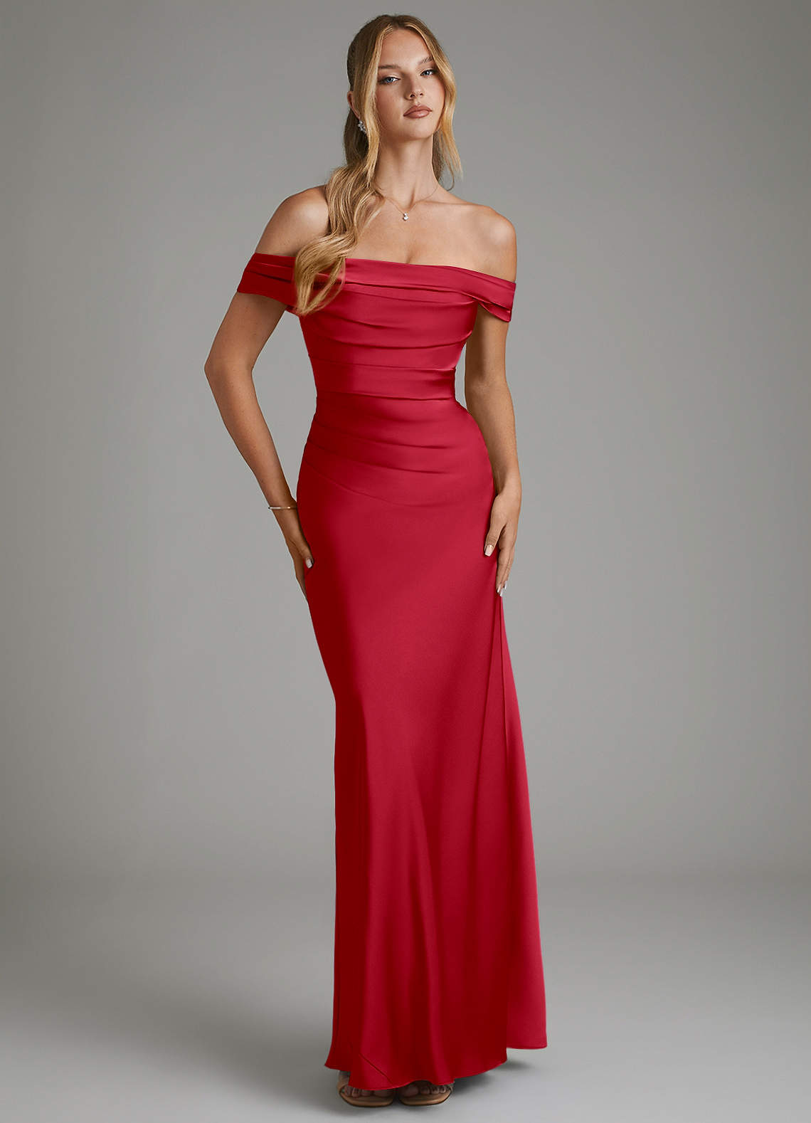 Hayden Mermaid Off-the-Shoulder Stretch Satin Bridesmaid Dress in Scarlet