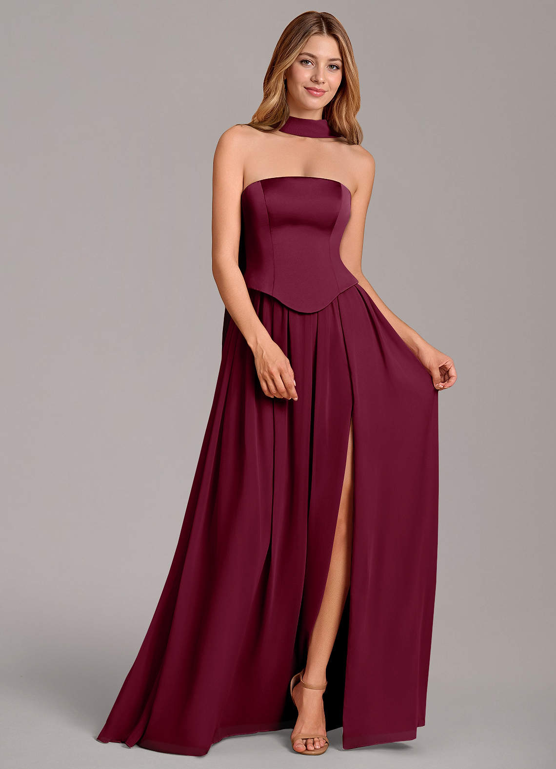 Cadence A-Line Strapless Chiffon and Stretch Satin Bridesmaid Dress in Mulberry