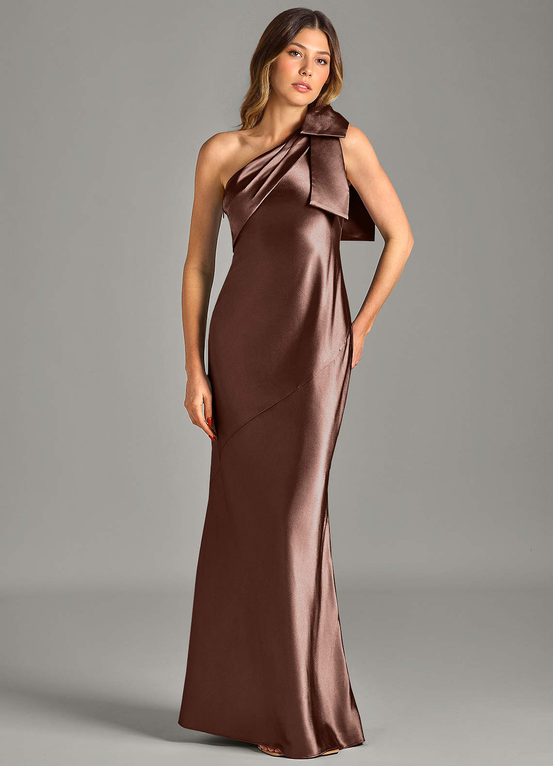 Yuanna Mermaid One-Shoulder Metallic Satin Bridesmaid Dress in Espresso