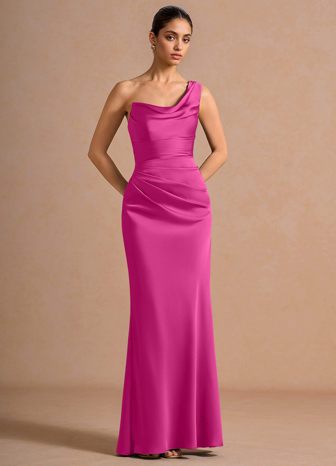 Cassiopeia One-Shoulder Draped Stretch Satin Evening Dress in Hot Pink