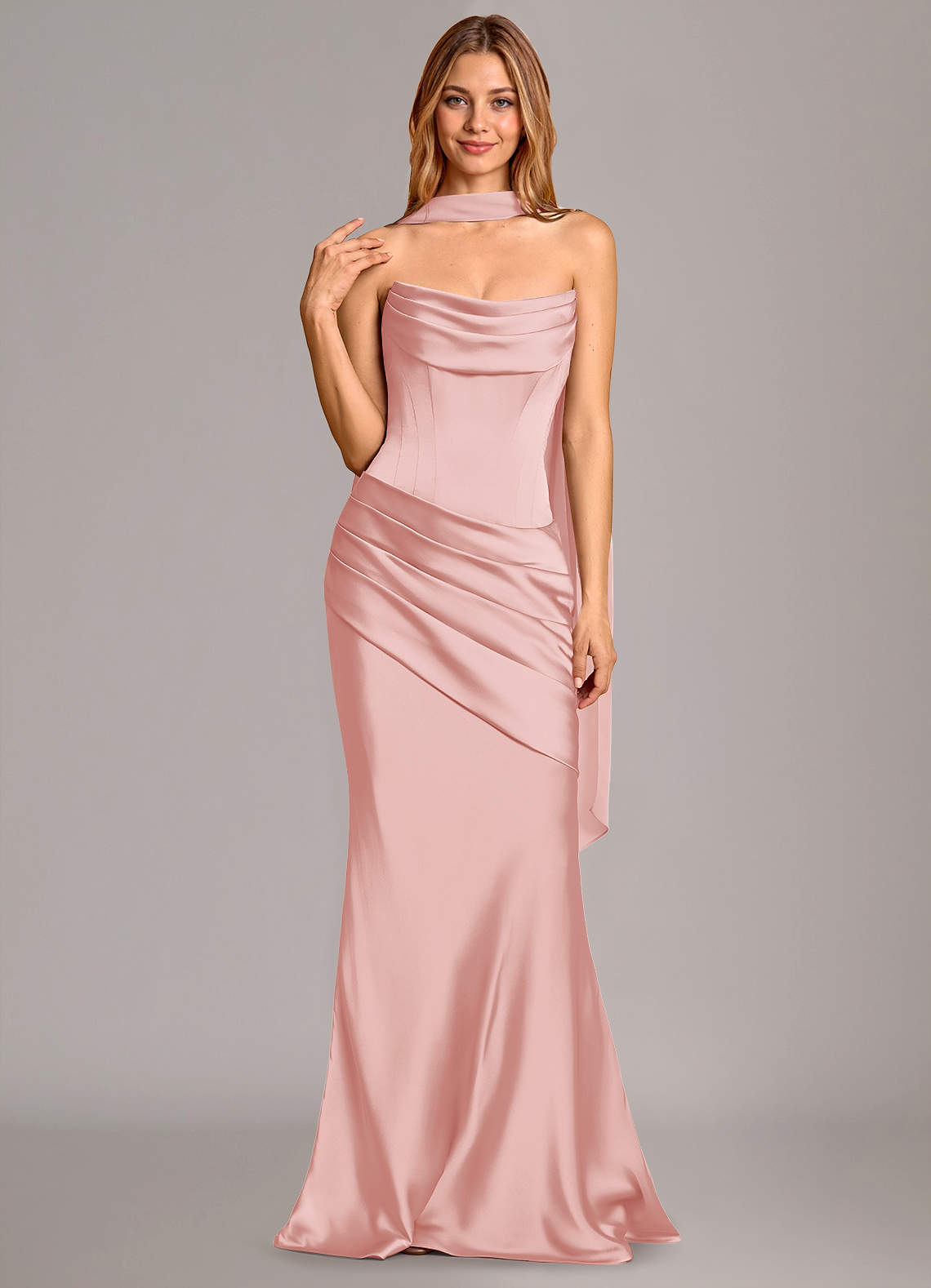 Pelagia Mermaid Cowl-Neck Stretch Satin Bridesmaid Dress in Powder Pink