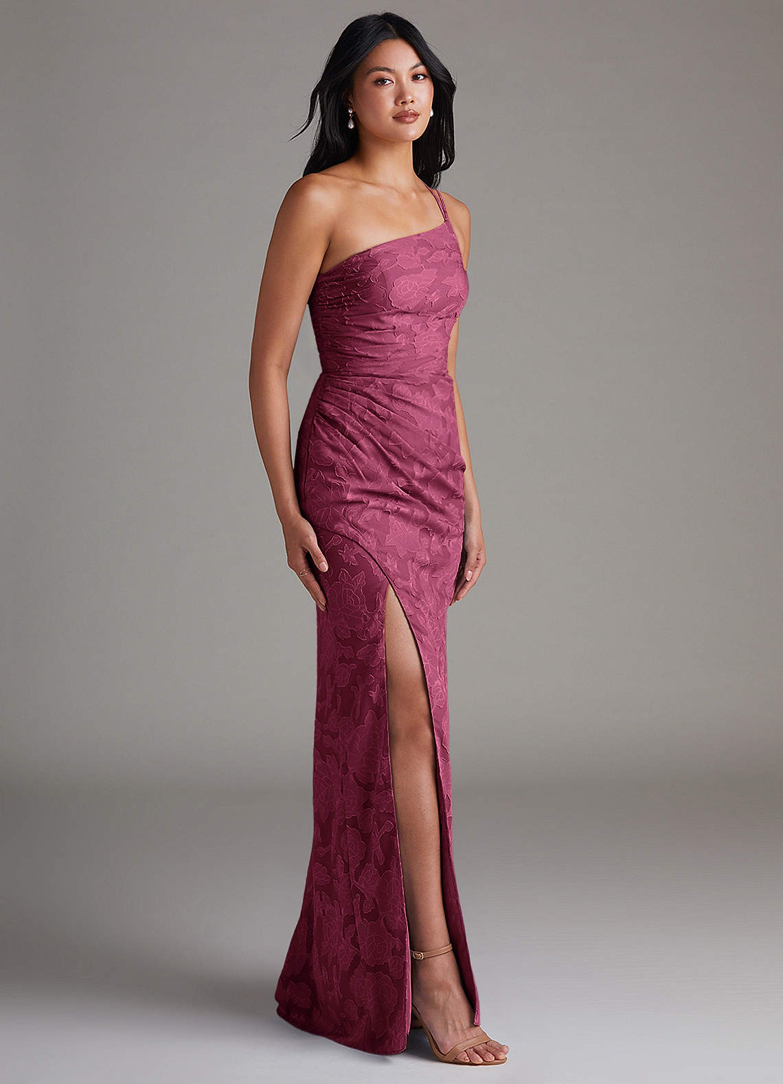 Eren Sheath One-Shoulder Floral Burnout Bridesmaid Dress in Mulberry