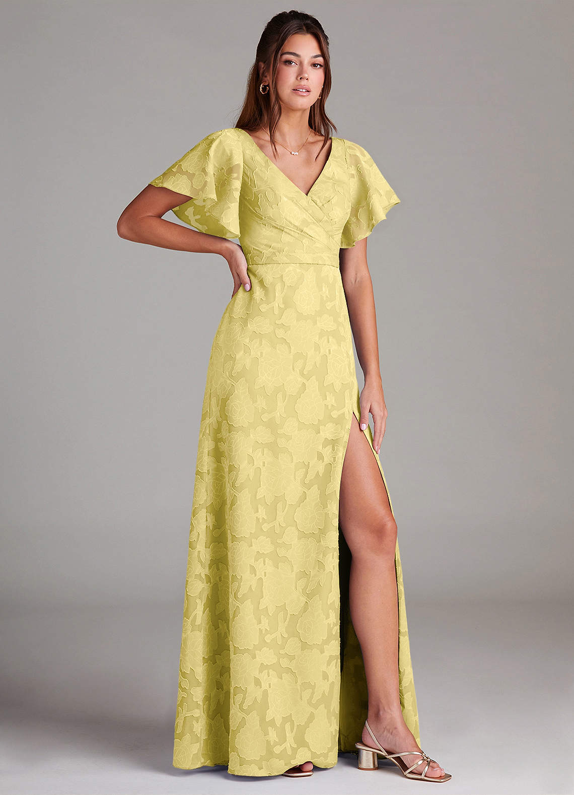 Ambrosia A-Line V-Neck Floral Burnout Bridesmaid Dress in Canary
