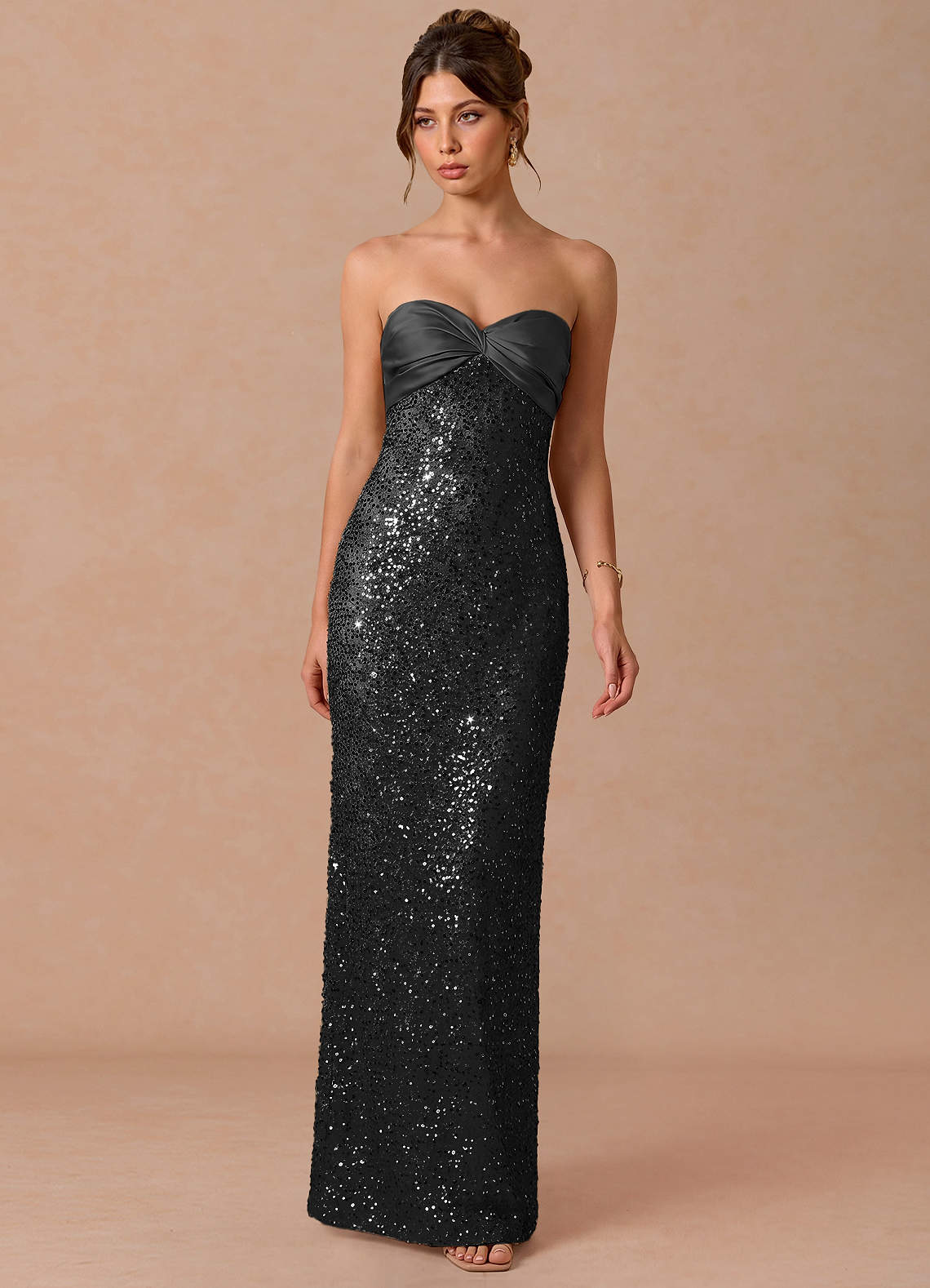 Serelle A-Line Sweetheart Sequin Satin Evening Dress in black