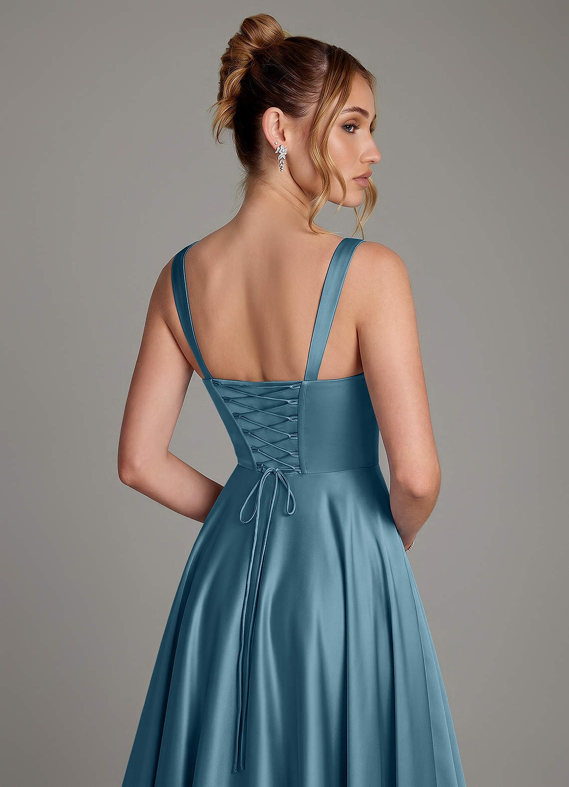 Azaria A-Line Square-Neck Stretch Satin Bridesmaid Dress in Bermuda