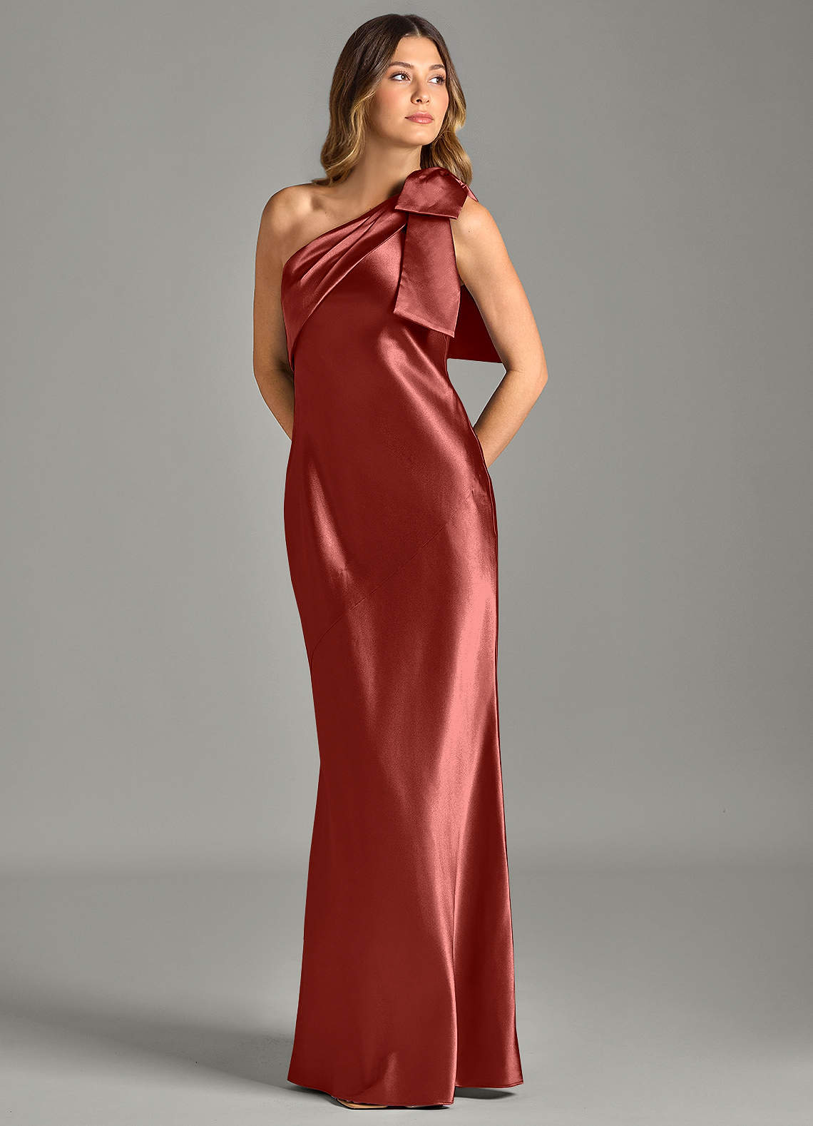 Yuanna Mermaid One-Shoulder Metallic Satin Bridesmaid Dress in Terracotta