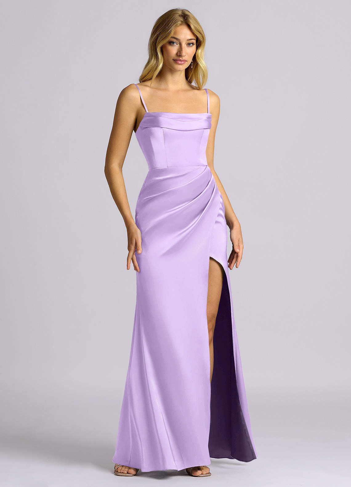 Auden Sheath Off-the-Shoulder Stretch Satin Bridesmaid Dress in Lilac