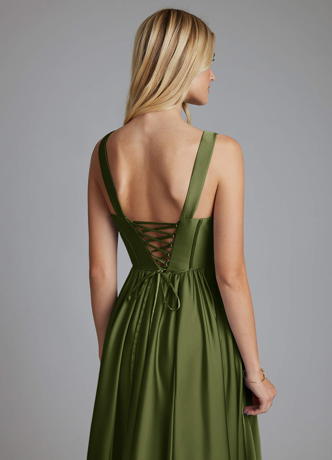 Delmie A-Line V-Neck Stretch Satin Bridesmaid Dress in Olive