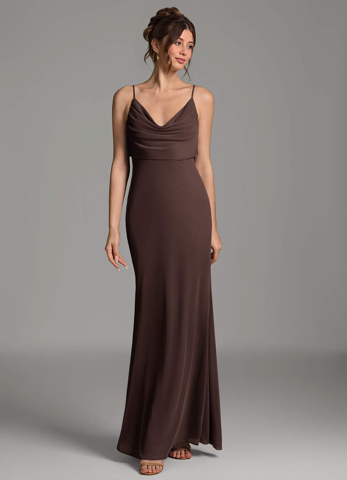 Zari Mermaid Cowl-Neck Mesh Bridesmaid Dress in Ganache