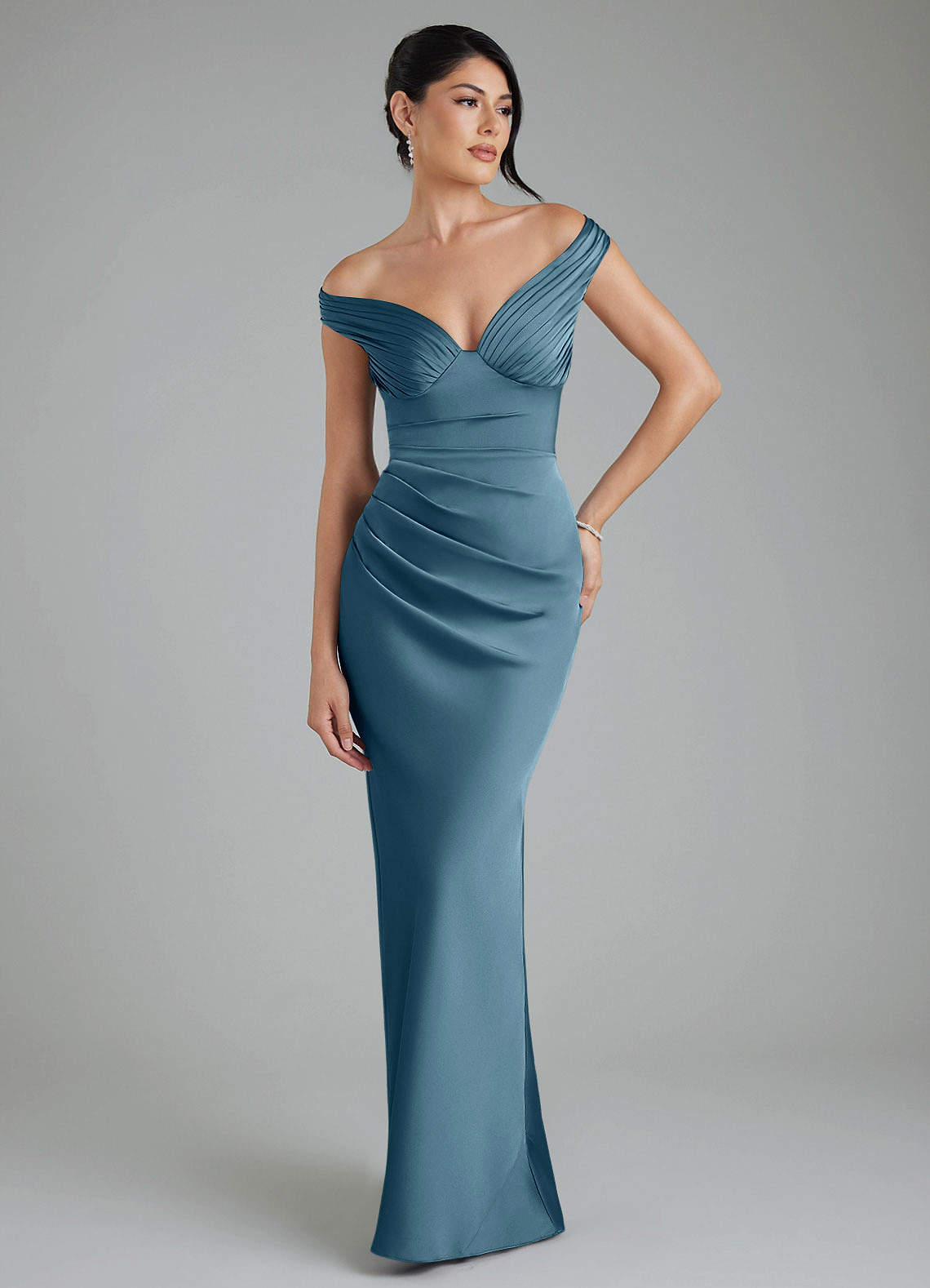 Stella Sheath V-Neck Stretch Satin Bridesmaid Dress in Bermuda