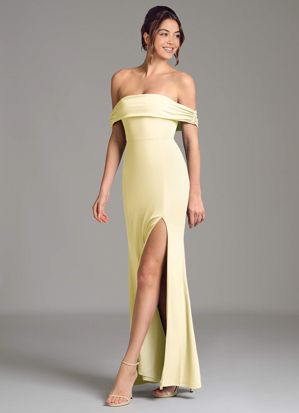 Evangelia Mermaid Off-the-Shoulder Stretch Jersey Bridesmaid Dress in Lemon Sorbet