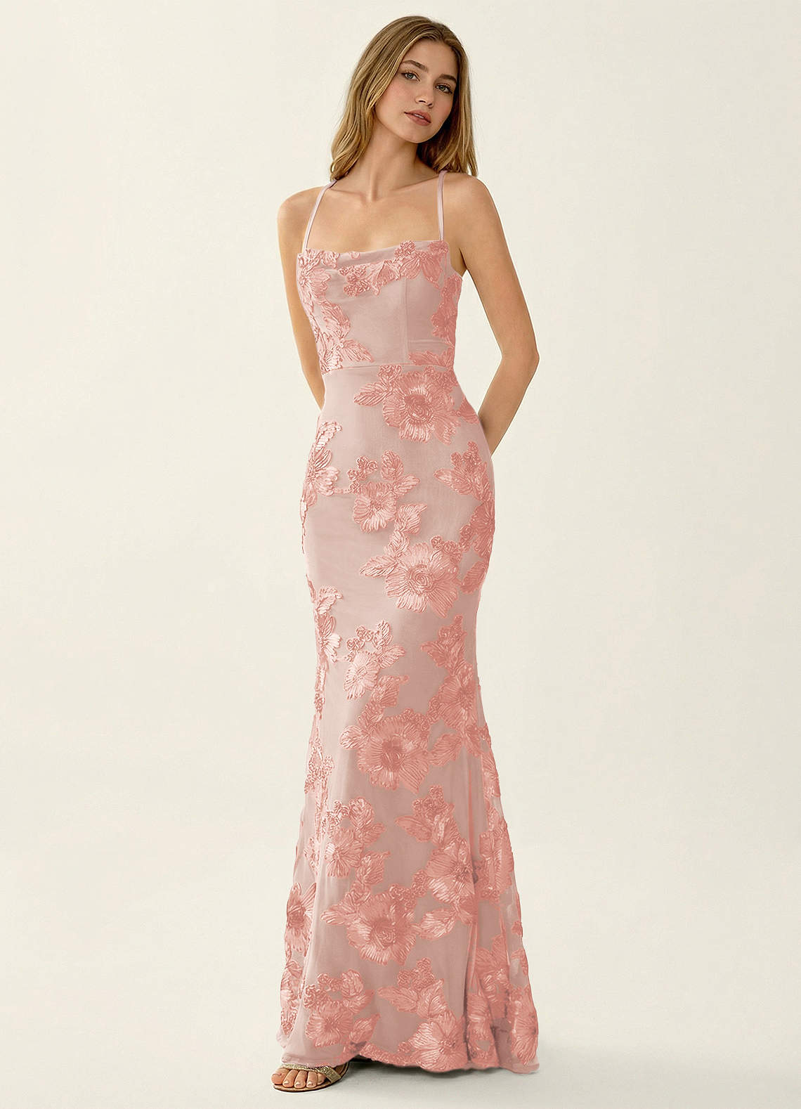 Kailani Mermaid Spaghetti-Strap Lace Evening Dress in English Rose