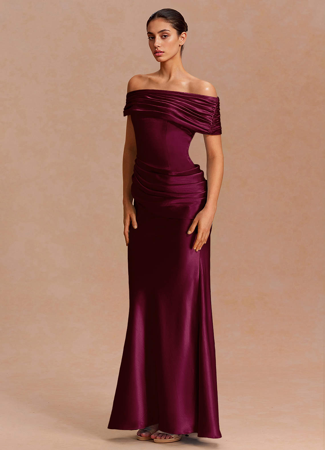 Leonie Strapless Draped-Shoulder Satin Evening Dress in Cabernet