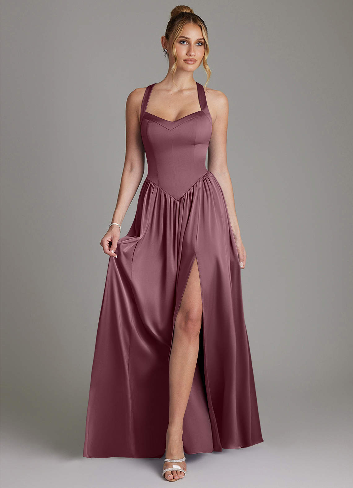 Francis A-Line V-Neck Stretch Satin Bridesmaid Dress in Amethyst