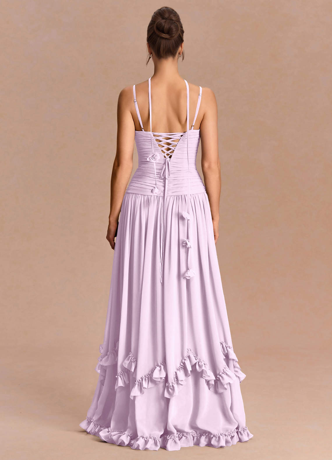 Eulalie A-Line Floral-Appliqué Chiffon Evening Dress in Frosted Lilac