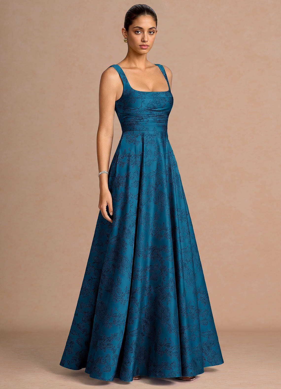 Azaria A-Line Square-Neck Jacquard Evening Dress in Navy Black