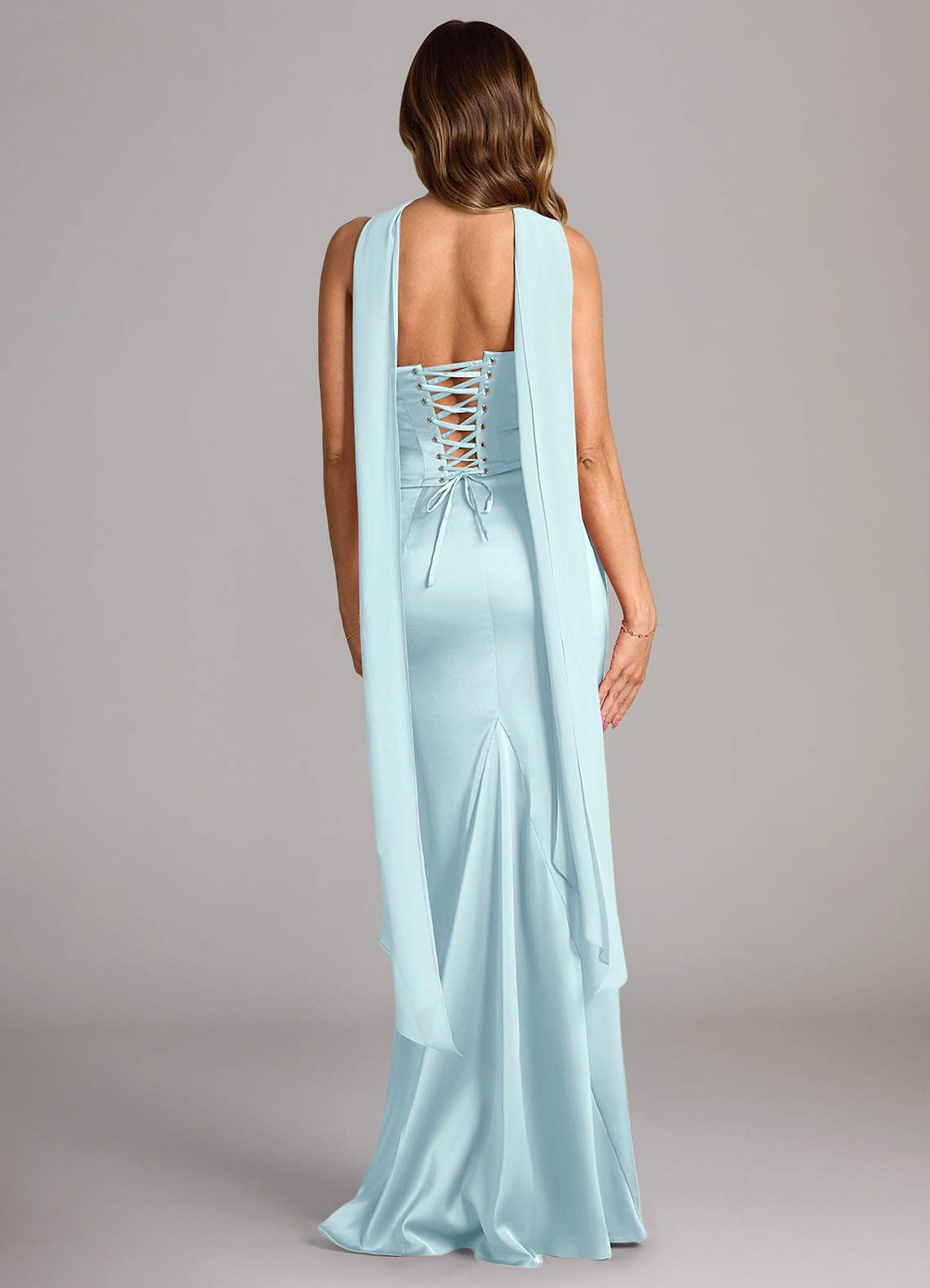 Sorrel Mermaid Cowl-Neck Stretch Satin and Chiffon Bridesmaid Dress in Cloud Blue