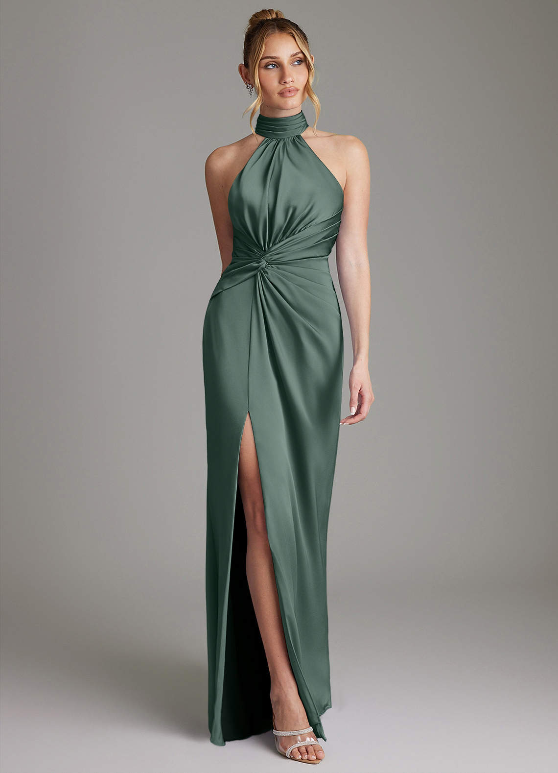Gracelynn Sheath Halter Stretch Satin Bridesmaid Dress in Sea Moss