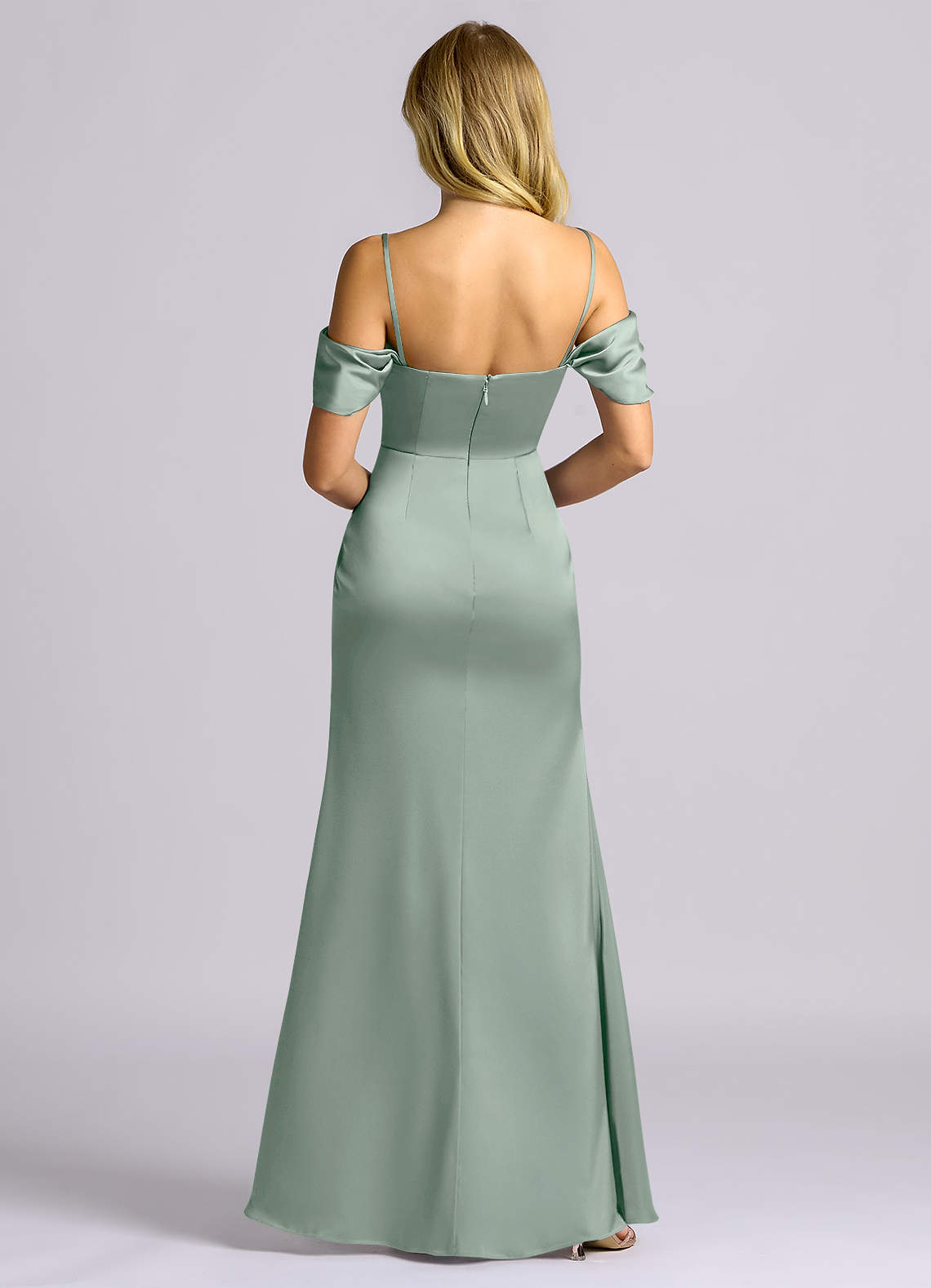 Auden Sheath Off-the-Shoulder Stretch Satin Bridesmaid Dress in Agave