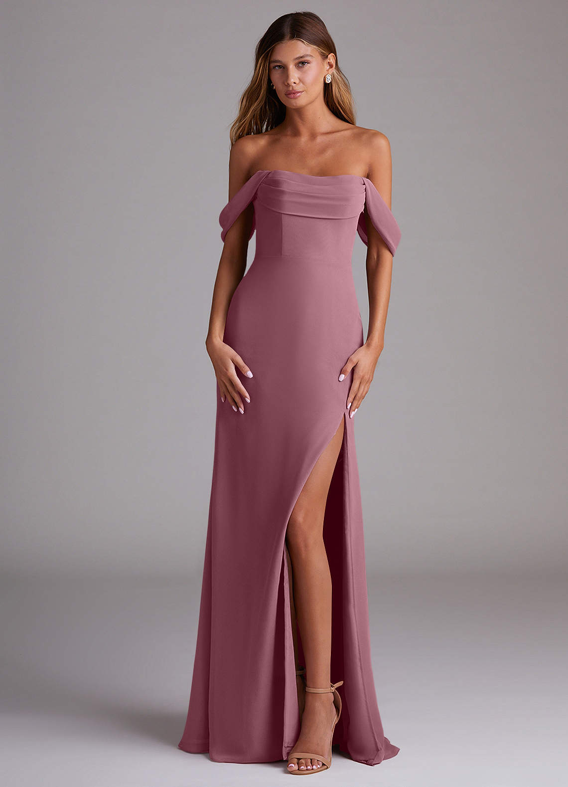 Saige A-Line Off-the-Shoulder Chiffon Bridesmaid Dress in Vintage Mauve