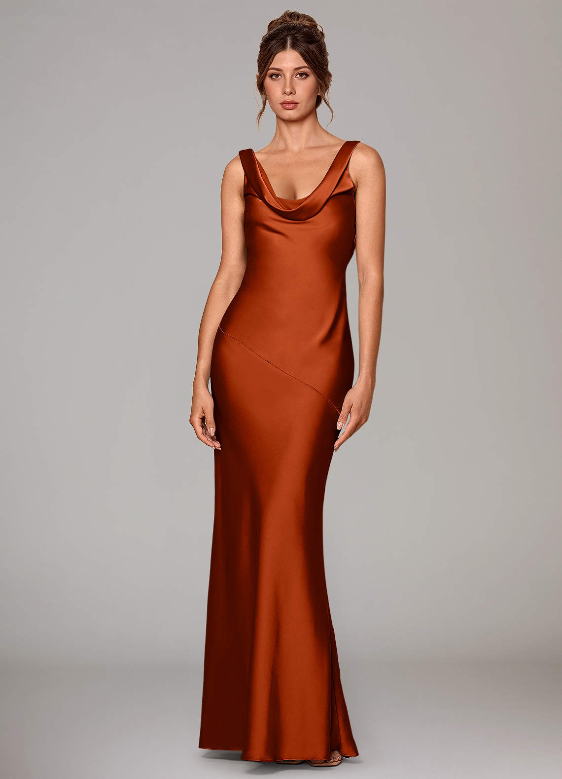 Rylina Mermaid Cowl-Neck Stretch Satin Bridesmaid Dress in Paprika